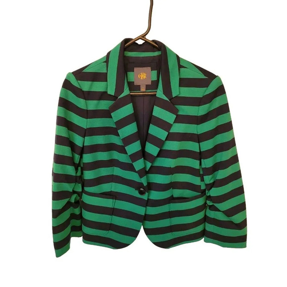 Outback Red The Limited Women Green & Navy Blue Stripe Lined Blazer Jacket Small - Picture 9 of 12